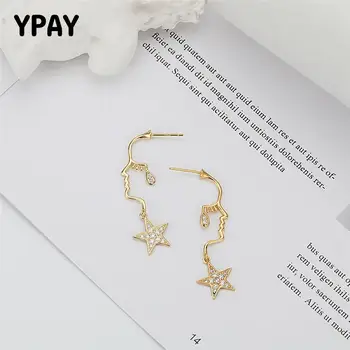 

YPAY Pure 925 Sterling Silver Human Face Dangle Drop Earrings for Women Gold Plated Tassel Star Earring Fine Jewelry YME425