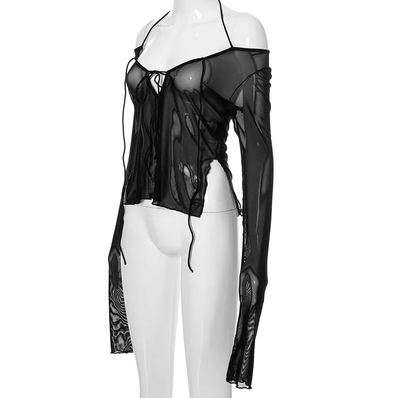 Goth Dark Y2k Punk Mesh See Through T-shirts Women Cyber Sexy Summer Halter Tops Lace Up Techwear Black Patchwork Split Clothes