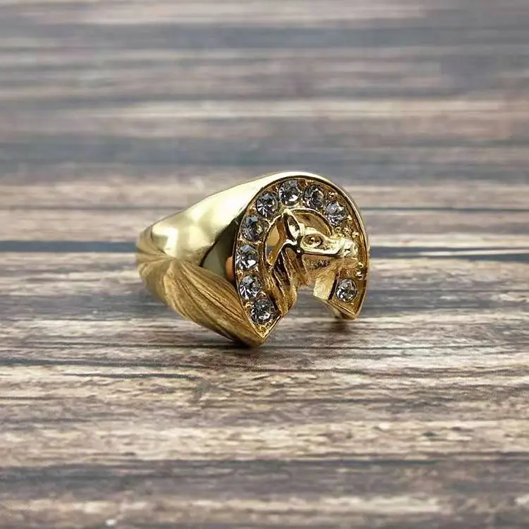 

New Cool design gold color crystal Lucky Horseshoe Ring 316 Stainless Steel racing jewelry horse head Ring Band Finger