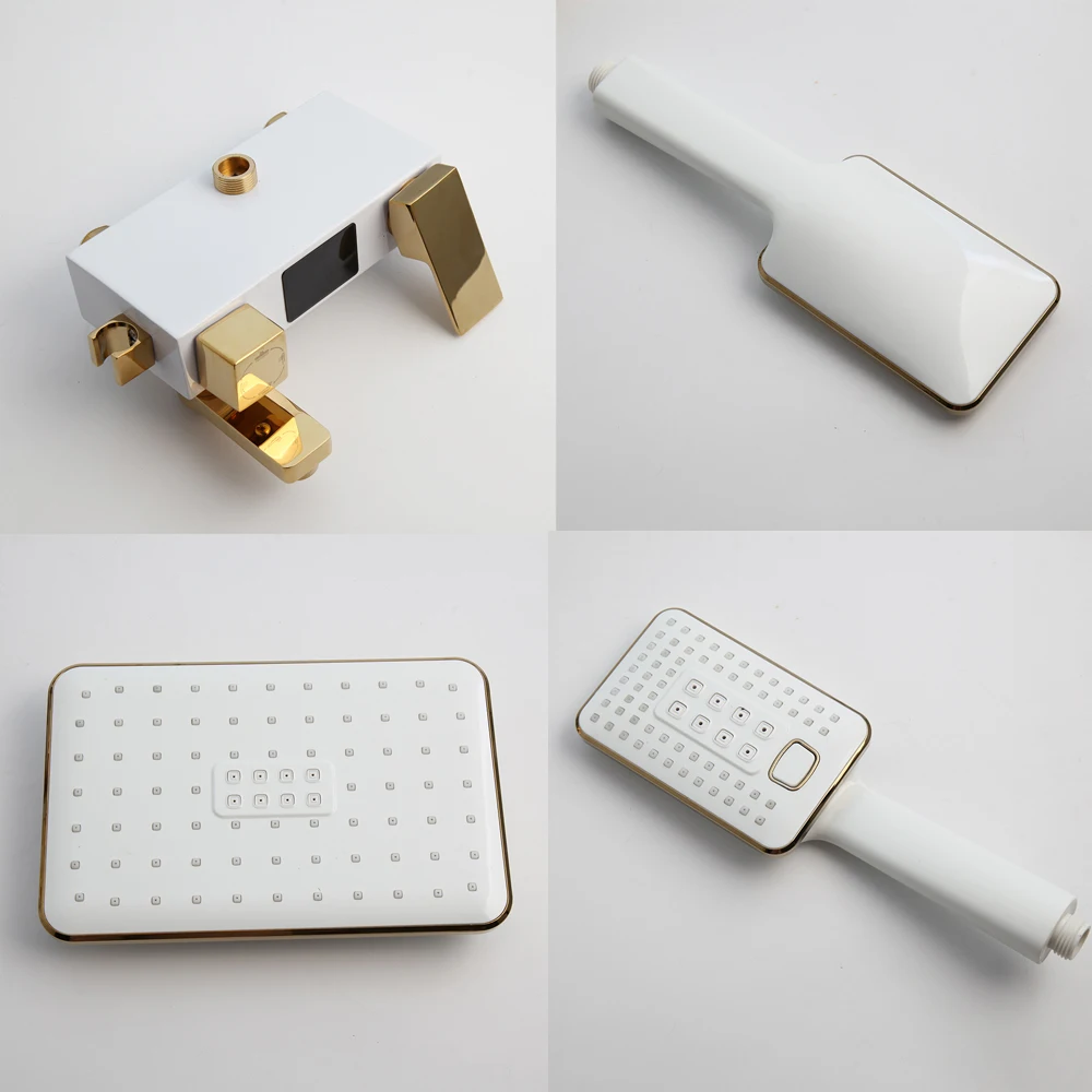 KEMAIDI White/Gold Bathroom Wall Mounted Rainfall Shower System LED Digital Shower Set Hot Cold Mixer Bath Faucet Sets