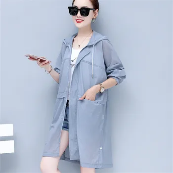 

2020 Summer New fashion Korean Hooded Sun Protection Clothing Women Mid-length Coat Loose Long Sleeve Outerwear Female Top Q1282