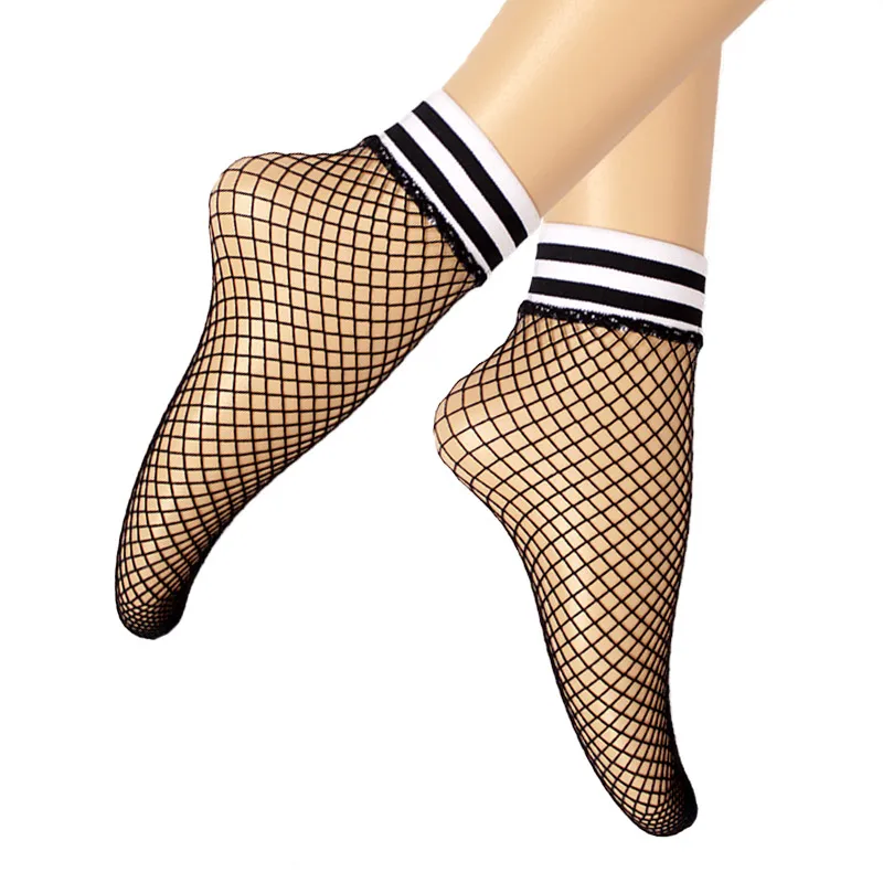

Women's Band White Sports Fishnet Socks Mesh Short Ankle Top Socks Girl kawaii Striped Sock