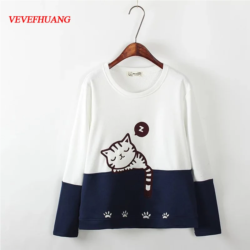 

VEVEFHUANG Autumn Harajuku Kawaii Sweatshirts Women Long Sleeve Tops Pullover Cute Cartoon Cat Embroidery Sweet Hoodies Femme