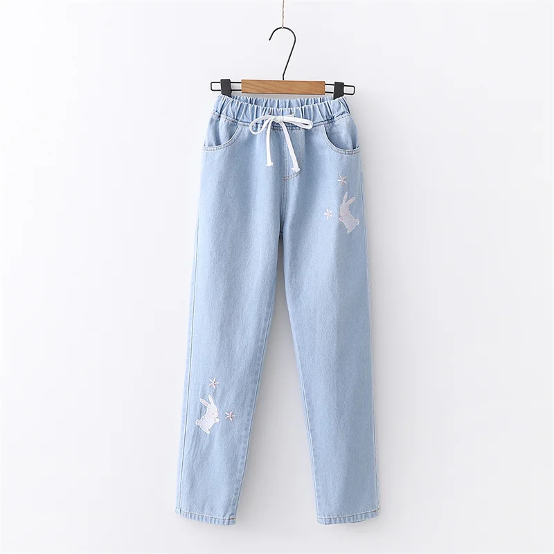 OMIKRON Women Boyfriend High Waist Jeans Woman Plus Size Skinny Jeans Cute Cat Embroidery Denim Pencil Pants Push Up Jeans Femme - Цвет: Light