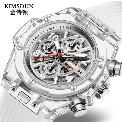 

KIMSDUN Brand Men Watch Quartz Watch Skeleton Transparent Silicone Men's Sports Watch Water Resistant Chronograph Mens Watches