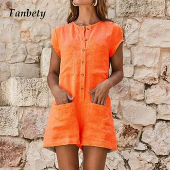 

Fanbety 2019 Summer Women pocket Button Jumpsuit Girls Casual Short Sleeve Romper Lady Solid Short Jumpsuits Playsuits plus size