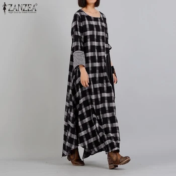 

Kaftan Check Shirt Dress Women Plaid Sundress ZANZEA Spring Irregular Long Sleeve Maxi Vestidos Female Striped Robe Plus Size
