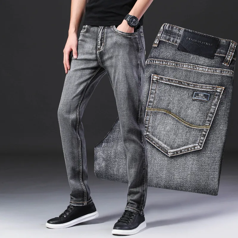 Summer Men's Jeans Thin Grey Business Fashion Stretch Denim Straight Pants Male Trousers men jeans mens jeans business jeans jeans trousers elastic jeans denim trousers
