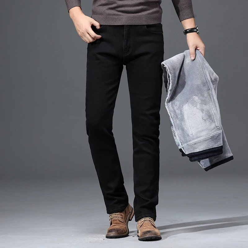 Флисовые мужские джинсы, Стрейчевые Прямые классические черные плотные теплые модные повседневные шерстяные брюки, зимняя уличная одежда, джинсы
