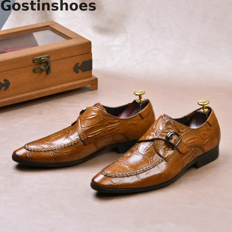 Luxury Shoes Men Black Brown Genuine Leather Crocodile Printed Single Buckle Strap Men Monk Shoes Pointed Dress Formal Men Shoes