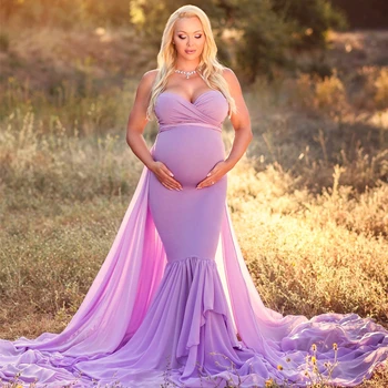 

Maternity Photography Props Long Dress With Cape Baby Shower Jersey Dress Long Train Stretchy Pregnancy Dresses