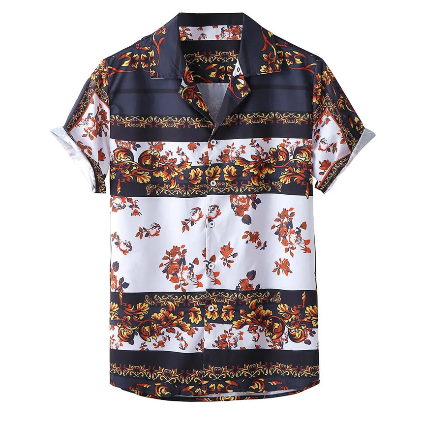 KLV рубашки мужские летние модные рубашки повседневные рубашки с принтом Топ с коротким рукавом Блузка Гавайские винтажные рубашки - Цвет: Brown