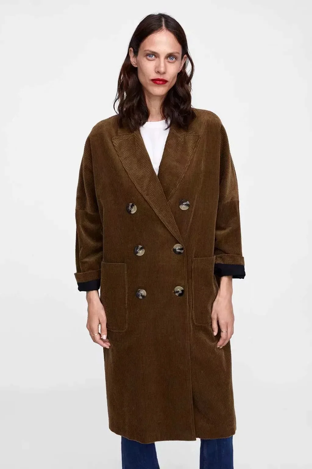 

Europe And America Retro Fold-down Collar Corduroy Coat Women's 2019 Autumn New Style Solid Color Loose-Fit Long Trench Coat