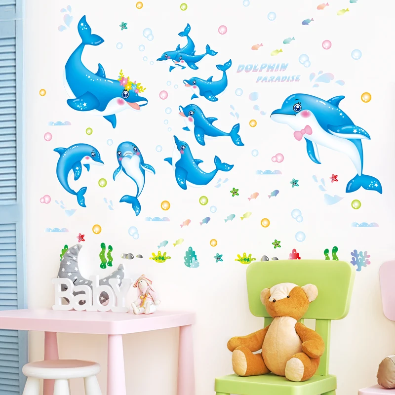 

[shijuekongjian] Blue Color Dolphins Wall Stickers PVC Material Creative DIY Animals Wall Art for Kids Room Nursery Decoration