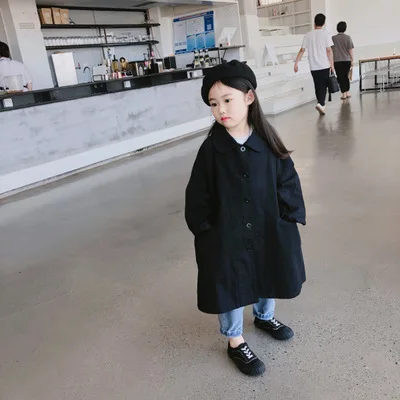 Новая хлопковая куртка детский Модный черный длинный плащ весенне-осеннее пальто для девочек - Цвет: Черный