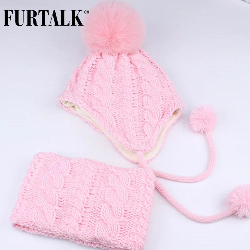 FURTALK/детская зимняя шапка с помпоном комплект шарфом для девочек и мальчиков