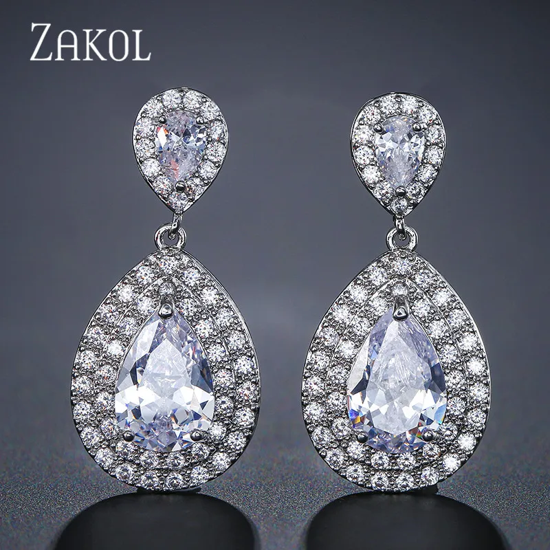 Circón elegante con Fiesta Boda Joyería Cubic zirconia gota de cristal grandes pendientes colgantes Novias
