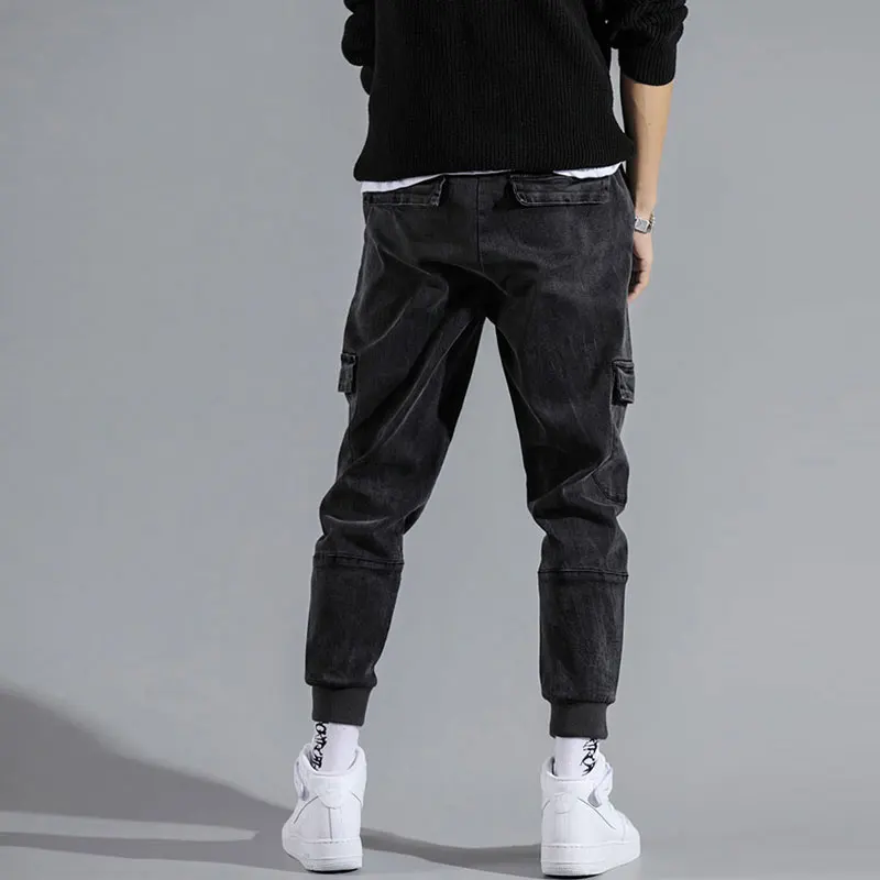 80% OFF Japanese Fashion Men Jeans Black Gray Loose Fit Spliced Big Pocket Cargo Pants Slack Bottom Hip Hop Jeans Men Joggers Size 28-42