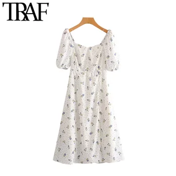

TRAF Women Vintage Elegant Floral Print Midi Dress Fashion V Neck Short Sleeve Side Slit Female Dresses Beach Vestidos Mujer