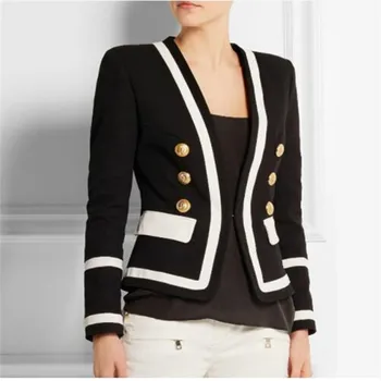

HIGH STREET New Fashion 2018 Designer Blazer Women's Classic Black White Color Block Metal Buttons Blazer Jacket Outer Wear