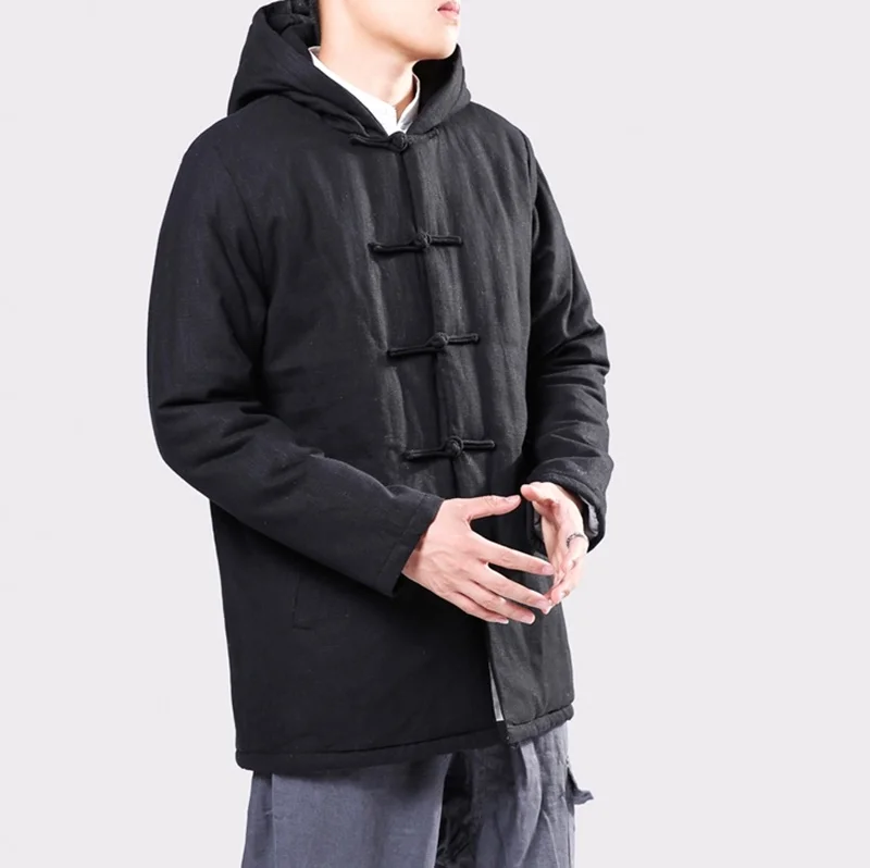 Vintage Style Hooded Men Parkas Cotton Winter Button Up Trench Long Sleeve Outerwear Padded Retro Men Jackets Coats KK3062