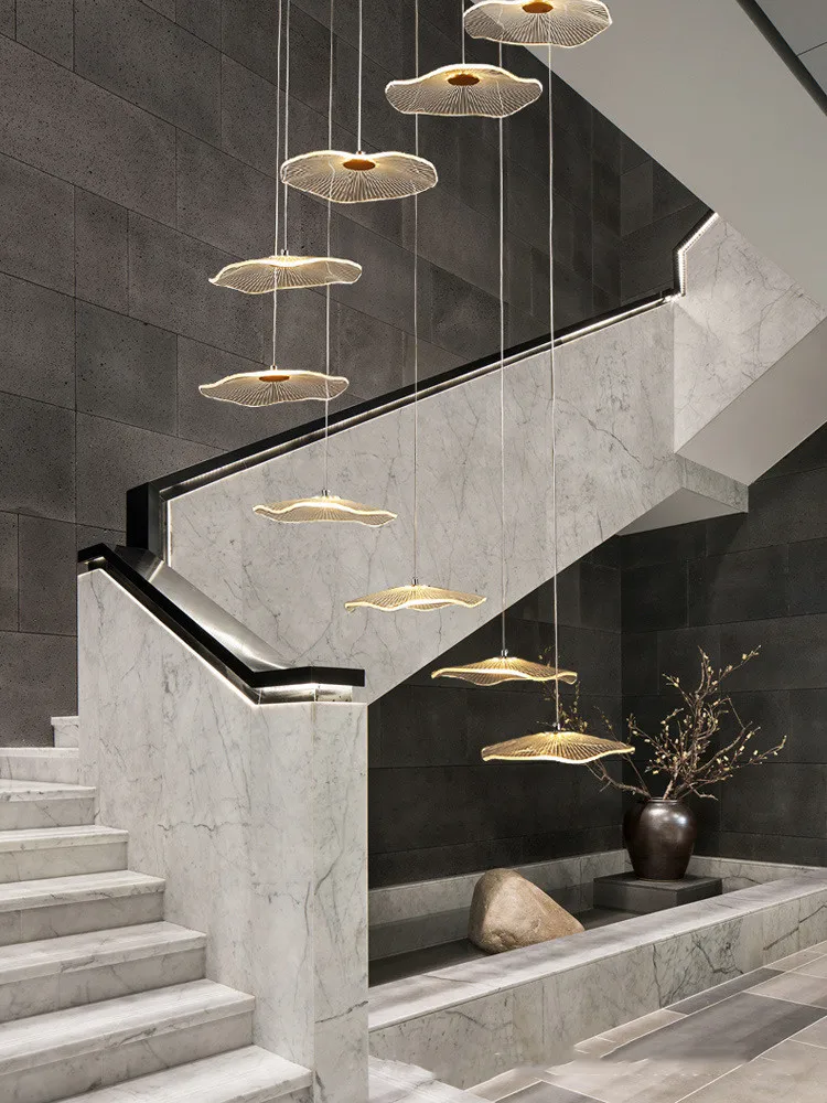 

Stair Length Ceiling Light Modern Lotus Leaf Spiral staircase Lamp luxury small apartment led villa chandelier