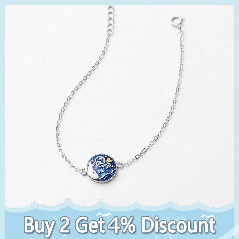 Kopen Thaya Van Gogh Emaille Cloisonne Vergulde Armband Ster Maan Nacht Olieverf S925 Zilveren Armband Sieraden Voor Vrouwen Gift