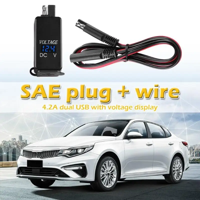 Водонепроницаемый Автомобильный мотоцикл SAE к двойному USB зарядному адаптеру с вольтметром