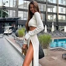 

Cryptographic Solid Sexy Sweater Cropped Top Midi Skirt Two Piece Set Women Matching Set Outfits Button Up Split Skirts Winter