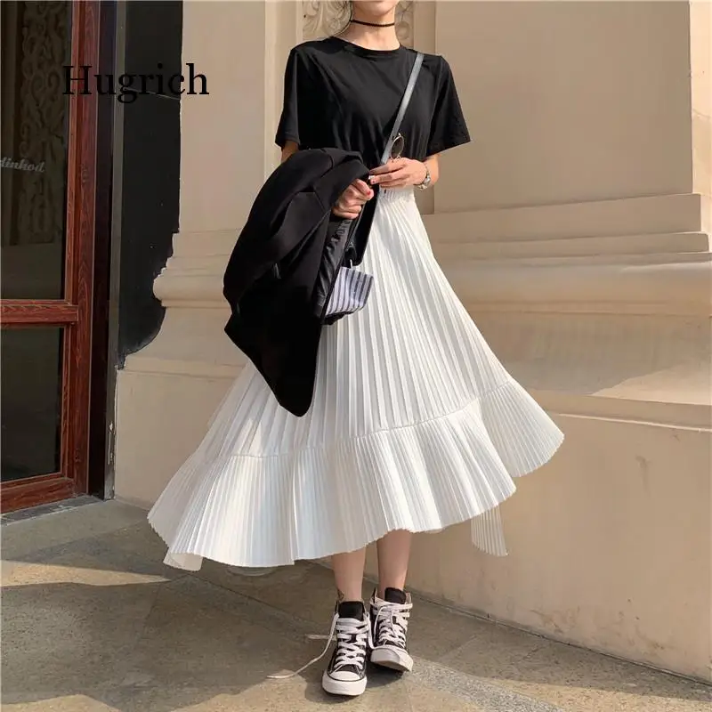 

Solid Color Elastic High Waist Stitching Ruffled Irregular Pleats Woman Skirt Simple Fashion 2020 Autumn New