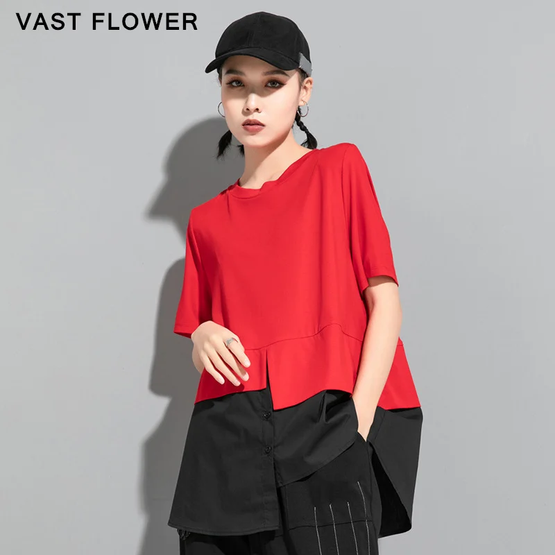 

Women Contrast Color Irregular Split T-Shirt 2021 Summer New Round Neck Short Sleeve Loose Casual Tshirt Tpos Fashion Clothes