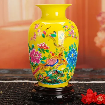 

Modern Jingdezhen Ceramic Yellow Vase Home Decoration Red Porcelain Flower Vases With Flowers and Birds Lotus And Fish Pattern