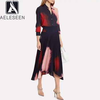 

AELESEEN Autumn Runway Fashion Suit Women's Casual Printed Blouse and Designer Vintage Pleated Midi Skirts 2 Two Pieces Sets