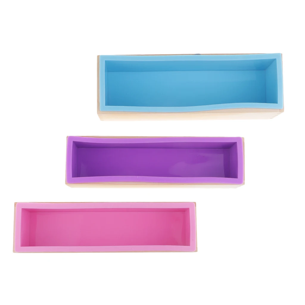 3 Pieces Rectangle Silicone Soap Mold Moulds with Wooden Box Including Matching Lid DIY Toast Loaf Soap Mold, 900ml/1200ml