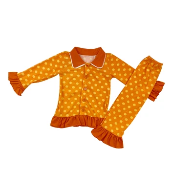

fall kids girl long cotton pjm orange dot ruffle long pants set children girl set