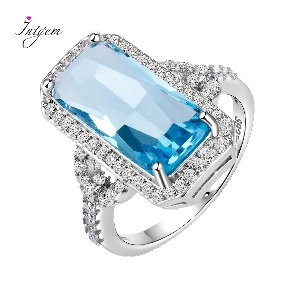 Hot Sale 925 Silver Jewelry Rings Rectangle Sapphire Ring with Clear Zircon Stones 4.5g Ring Luxury Gift for Women Engagement