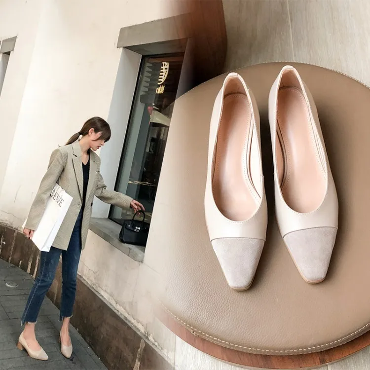 

2019 Autumn Genuine Leather Trend of Fashion Hot Selling Small Square Head Chunky Semi-high Heeled Full-grain Leather inside And