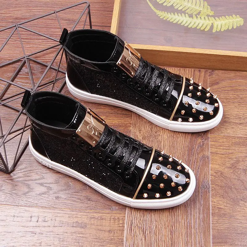 Fashion men sequins rivet Sheet metal Casual Platform high top shoes Flats Male Designer prom Dress Loafers Shoes zapatos hombre