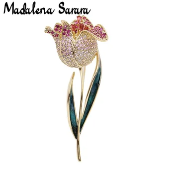 

MADALENA SARARA Fine Cubic Zirconia Prong Setting Women Brooch Tulip Flower Enamel For Suit Accesories