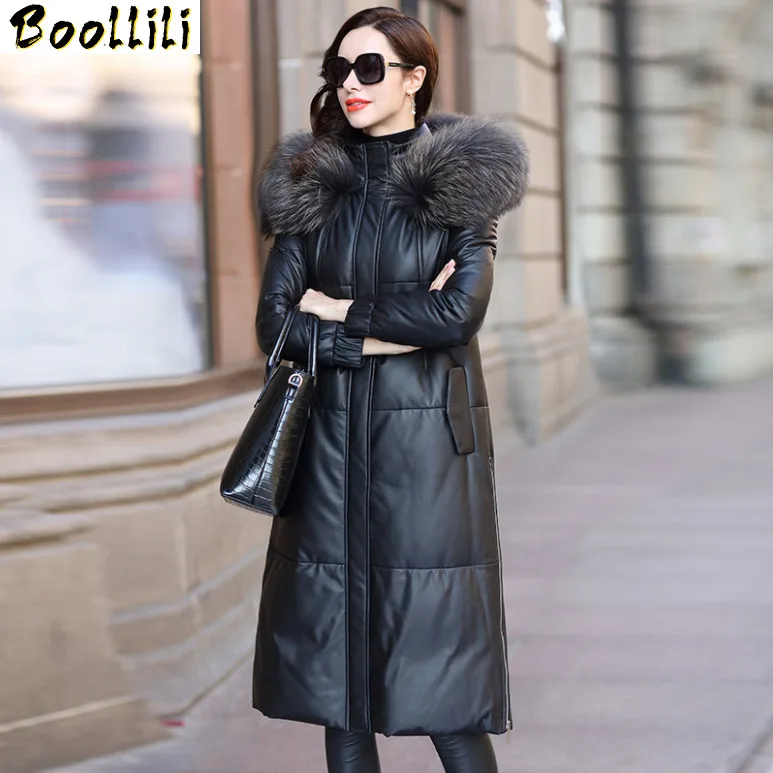 

2023 Leather Boollili Jacket Winter Coat Women Raccoon Fur Collar Down Jacket Women Real Sheepskin Coat Warm Long Jackets