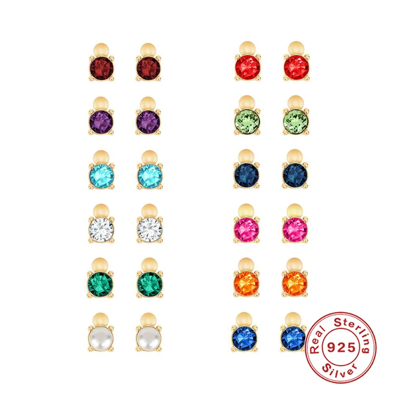 

GS 925 Sterling Silver Gold Mini Colorful Zircon Stud Earrings 12 Month Color Birthstone Earring For Women Girls Birthday Gift