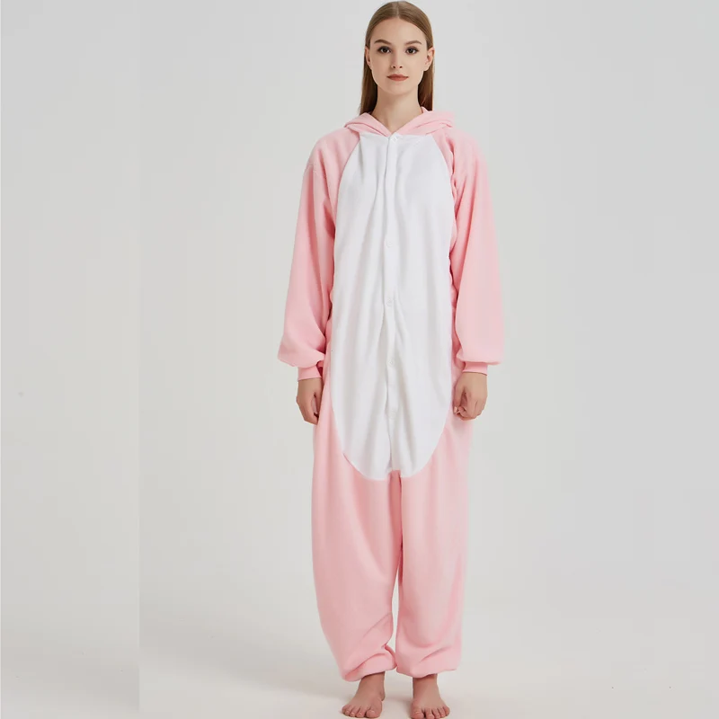 Animal Cartoon Onesie Adults Women Men Rabbit Pajama Overalls Blue Pink Rose Sleepwear Suit Party Jumpsuit Winter Onepiece