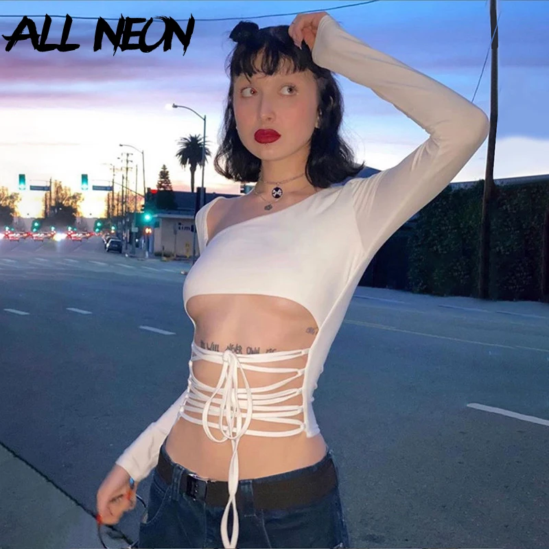ALLNeon/модные короткие топы с вырезом спереди на шнуровке для женщин однотонные