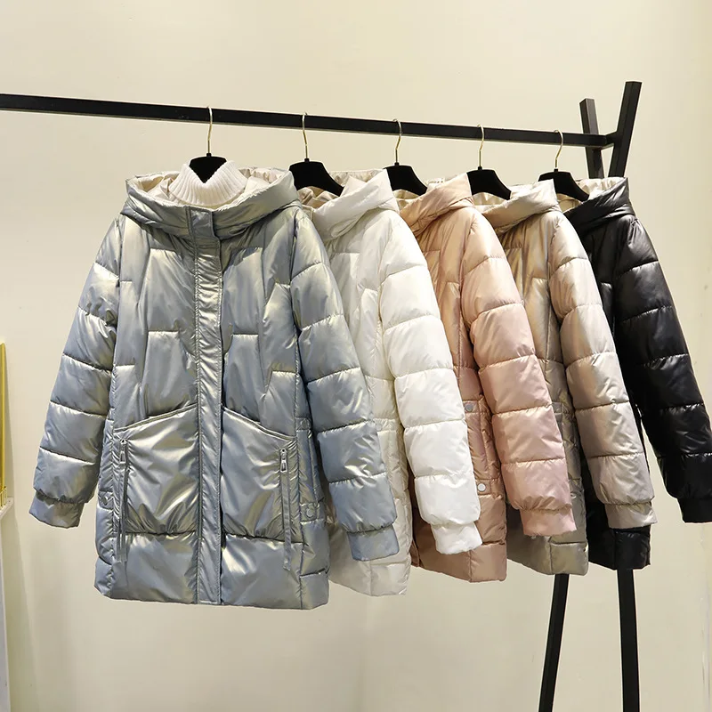 

Fdfklak Glossy No Wash Cotton Quilted Jacket Mid-Length New Loose Hooded Thick Water Proof Jacket Women Female Coat Winter