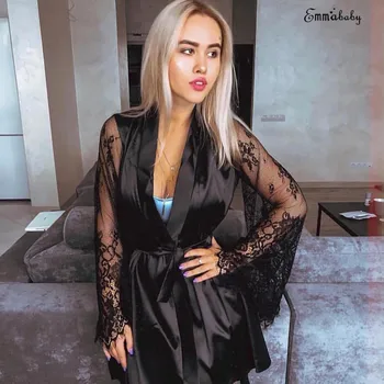 

Women Sexy Lingerie Elegant Long Sleeve Perspective Lace Flower Bathrobe Solid Deep V Bandage mini Silk Robe lady Nightgown hot