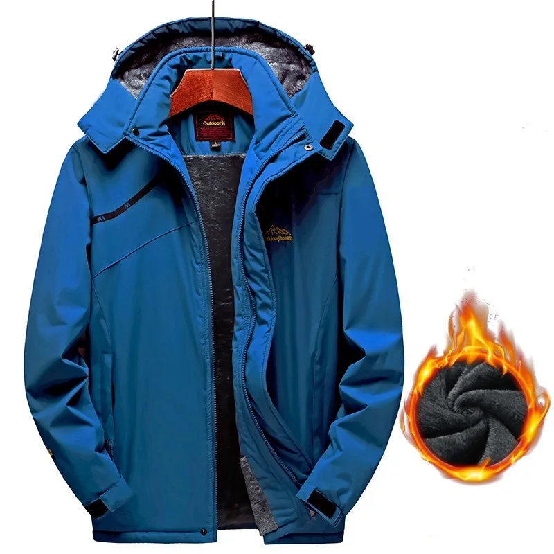 Зимняя флисовая куртка для мужчин, толстая Вельветовая теплая парка, повседневные пальто с капюшоном, водонепроницаемая ветрозащитная горная военная куртка, 5XL пальто - Цвет: Синий