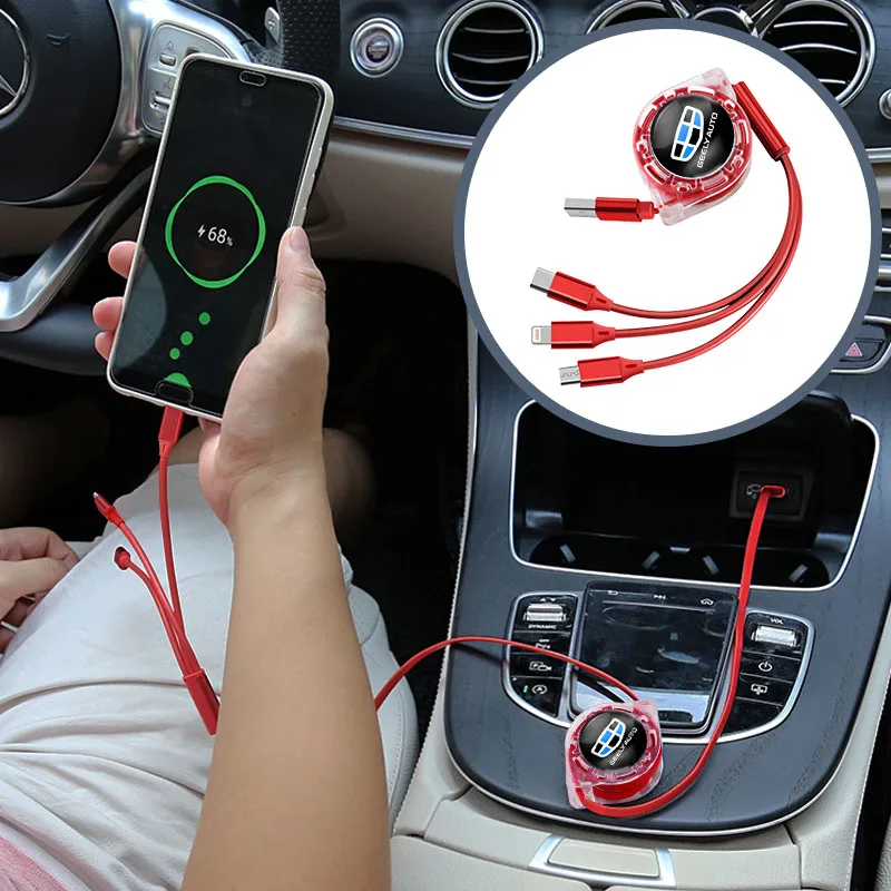 3 In 1 Fast Charging Cable USB Data Car Accessories For Geely Atlas SUV Boyue Borui Coolray Emgrand NL3 EX7 X7 EC7 GX7 GT |