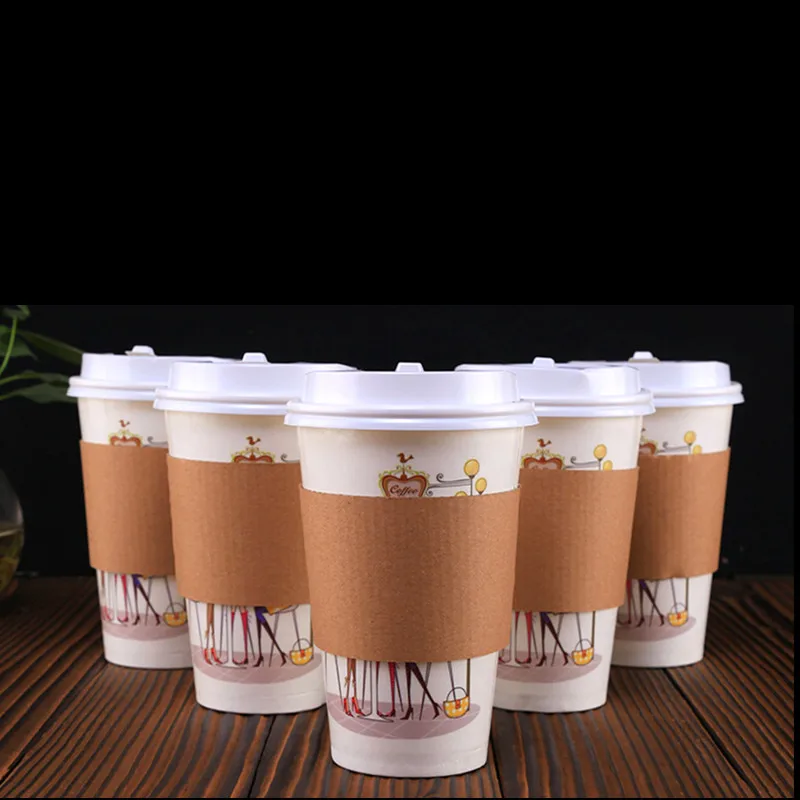

50pcs High quality white disposable coffee cups 400ml 500ml milk tea hot drink cup packaging paper cups with kraft paper sleeves