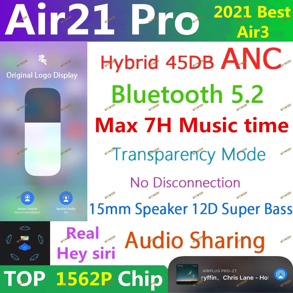 Air21 Pro ANC TWS Wireless Bluetooth Earphone 5.2 Hybrid Earbuds 45DB Super Bass Quality 1562F PK H1 1562H Air 9 Pro Air10 plus