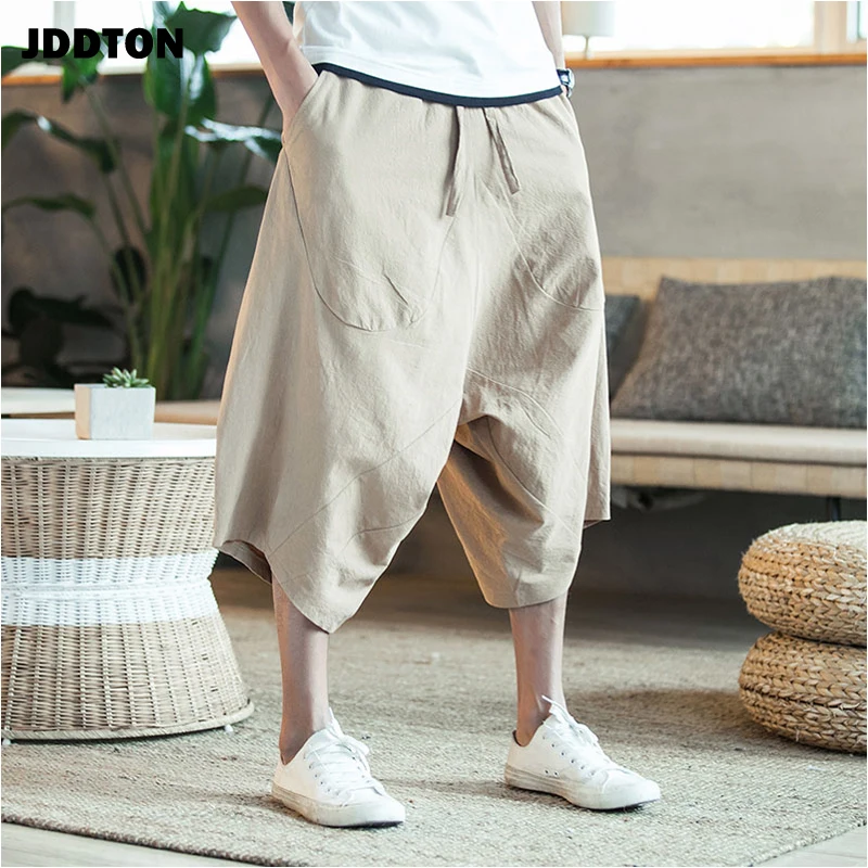 

JDDTON Men's Wild Crotch Harem Pants Summer Linen Casual Baggy Wide-legged Drawstring Bloomers 5XL Loose Cropped Trousers JE014